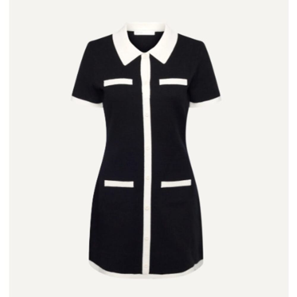Oak + Fort Women's Black Cream Collared Contrast Trim Knit Mini Dress Size XS